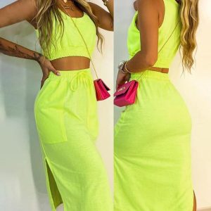 Crop Tank Top & Split Hem Skirt Set, Two-piece Sets, chicme - Women's Fashion Online