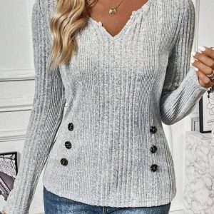 V Neck Long Sleeve Plain Buckle Regular Micro-Elasticity Loose Shirt For Women, Blouses, color:Gray|size:XXL, Noracora