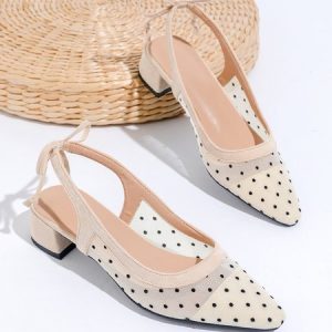 Black Polka Dot Mesh Elegant Pointed Toe Back Empty Shoes, Heels, color:Apricot|size:43, Stylewe