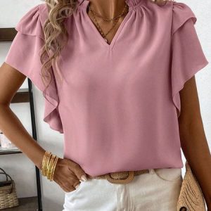 V Neck Cap Sleeve Plain Regular Loose Shirt For Women, T-shirts, color:Pink|size:XXL, Noracora