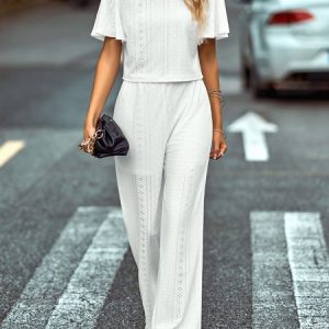 Women Plain Crew Neck Short Sleeve Comfy Casual Top With Pants Two-Piece Set, Sets, color:Off White|size:XL, Noracora