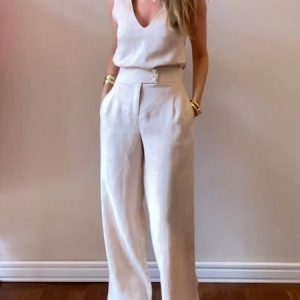 V Neck Casual Sleeveless Plain Two-Piece Set, Two-piece Set, color:As Picture|size:XXL, Stylewe