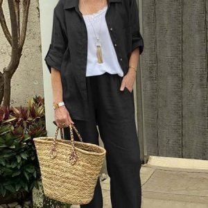 Women Plain Shirt Collar Long Sleeve Comfy Casual Top With Pants Two-Piece Set, Sets, color:Black|size:5XL, Noracora