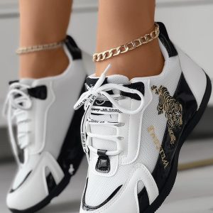 Tiger Embroidery Colorblock Lace-up Sneakers, Sneakers, chicme - Women's Fashion Online