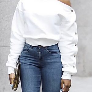 Plain Regular Fit Urban Cold Shoulder Long Sleeve Shirt, Blouses and Shirts, color:White|size:XXL, Stylewe