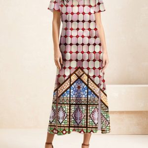 Women Church Glass V Neck Short Sleeve Comfy Casual Maxi Dress, Dresses, color:Pink|size:XXL, Noracora