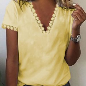 Lace Detail V Neck Casual Short Sleeve T-Shirt, T-shirts, color:Yellow|size:XXL, catalog Noracora shop
