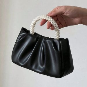 Elegant Imitation Pearl Handbag Ruched Crossbody Bag, Bags, color:Black|size:One-size, Stylewe