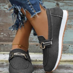 Casual Plain Non-Slip Slip On Flat Heel Deep Mouth Shoes Metal, Flats/Loafers, color:Black|size:43, Noracora