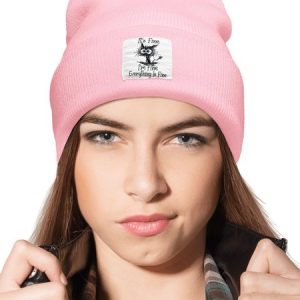 Funny I Am Fine Black Cat Animal Graphic Beanie Hat, Men's Accessories, Lilicloth.com