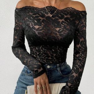 Cold Shoulder Long Sleeve Plain Lace Regular Regular Fit Shirt For Women, Blouses, color:Black|size:XXL, Noracora