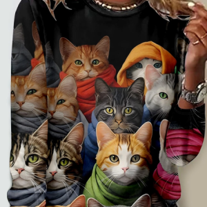 Crew Neck Long Sleeve Cat Regular Micro-Elasticity Regular Fit Blouse For Women, Blouses, color:Black|size:5XL, catalog Noracora shop