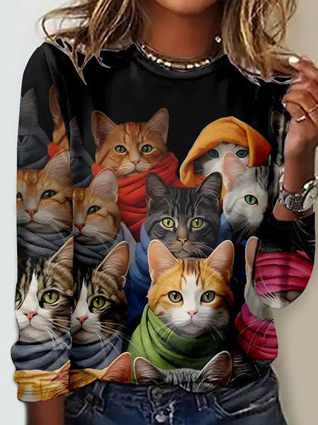 Casual Crew Neck Funny Cat Long Sleeve Shirt, Long sleeves, Lilicloth.com