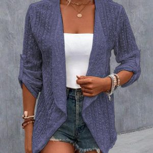 Eyelet Embroidery Roll Up Sleeve Open Front Blazer Coat, women Jackets & Coats, ChicMe catalog
