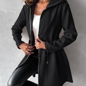 Pocket Zipper Design Drawstring Hooded Coat, Jackets & Coats, chicme - Women's Fashion Online
