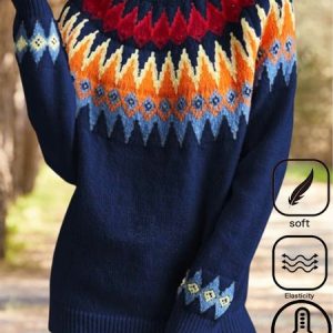Women Yarn/Wool Yarn Geometric Long Sleeve Comfy Boho Sweater, Sweaters, color:Blue|size:XXL, Noracora
