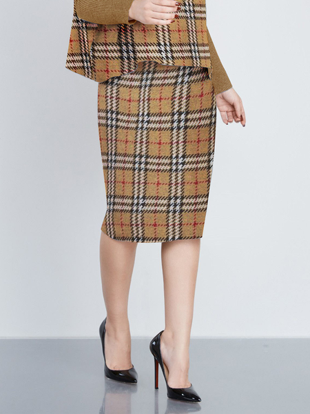Medium Elasticity Urban Regular Fit Plaid Midi Skirt, Skirts, color:As Picture|size:XXL, Stylewe