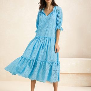 Women Plain V Neck Half Sleeve Comfy Boho Lace Maxi Dress, Dresses, color:Blue|size:XL, Noracora