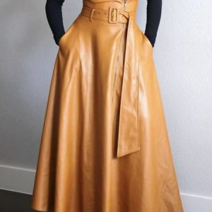 Urban Regular Fit Leather Skirt With Belt, Skirts, color:Mustard|size:XXL, Stylewe
