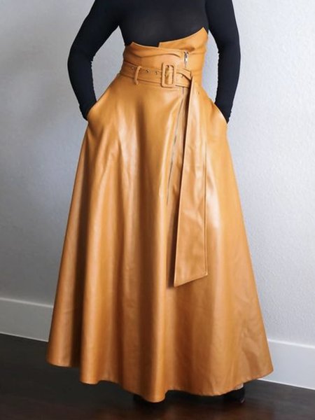 Urban Regular Fit Leather Skirt With Belt, Skirts, color:Mustard|size:XXL, Stylewe