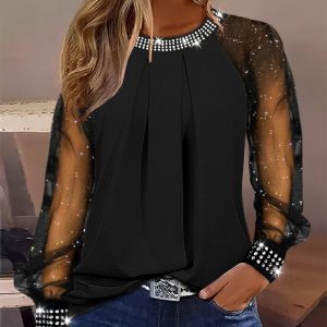 Rhinestone Sheer Mesh Patch Glitter Top, women T-shirt & Tees, ChicMe catalog
