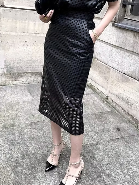 Pu Urban Plain Regular Fit Faux Leather Midi Skirt, Skirts, color:Black|size:XXL, Stylewe