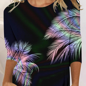 Casual Feather Crew Neck Long Sleeve T-shirt, T-shirts, color:Purple|size:5XL, Noracora