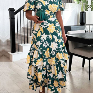 Elegant Floral Regular Fit Crew Neck Short sleeve Maxi Dress  With Belt, Maxi Dresses, color:Green|size:XXL, Stylewe