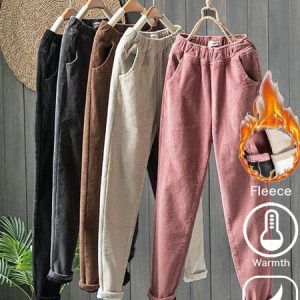 Fleece Plain Corduroy Casual Pants, Pants, Lilicloth.com