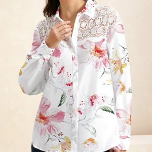 Women's Blouse Shirt Collar Long Sleeve Floral Lace Regular Loose Shirt, Blouses, color:Red|size:XXL, Noracora