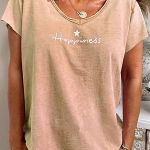 Pink Cotton-Blend Casual Round Neck T-shirt, T-shirts, color:Khaki|size:XXL, catalog Noracora shop