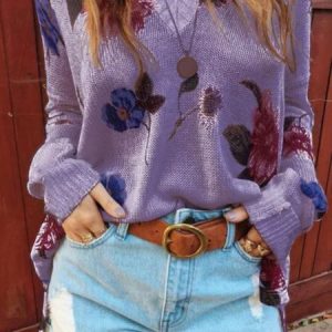 Women Casual Tops Tunic Flower Sweater, Sweaters, color:Purple|size:5XL, Noracora