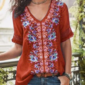 Floral Short Sleeve Cotton-Blend Patchwork V Neck  T-shirt, T-shirts, color:Red|size:5XL, Noracora