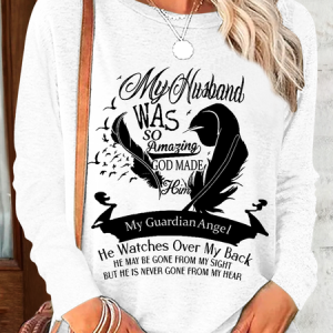 Women's My Husband Guardian Angel Regular Fit Casual Cotton-Blend Crew Neck Long Sleeve Shirt, Long sleeves, Lilicloth.com