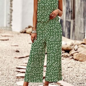 Women Small Floral Crew Neck Sleeveless Comfy Casual Top With Pants Two-Piece Set, Sets, color:Green|size:XXL, Noracora