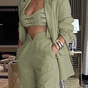 Urban Pocket Stitching Lightweight Linen Blazer, Blazers, color:Green|size:XXL, Stylewe
