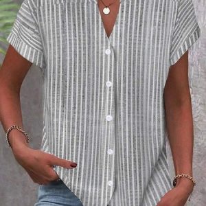 Stand Collar Short Sleeve Striped Buckle Regular Loose Blouse For Women, Blouses, color:Gray|size:XXL, Noracora