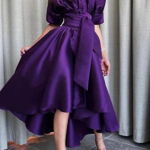 Urban Plain Regular Fit Shirt Collar Dress With Belt, Maxi Dresses, color:Purple|size:XXL, Stylewe