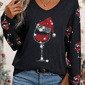 Loose V Neck Casual T-Shirt, Long sleeves, Lilicloth.com