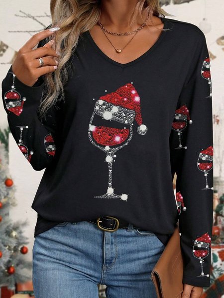 Loose V Neck Casual T-Shirt, Long sleeves, Lilicloth.com