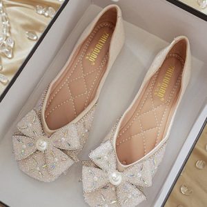 Sparkling Rhinestone Bowknot Elegant Imitation Pearl Flat Heel Square Toe Shallow Shoes, Flats, color:Apricot|size:43, Stylewe