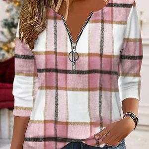 Casual Plaid Printed Jersey Notched T-Shirt, Long sleeves, Lilicloth.com