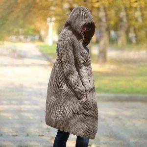 Women Wool/Knitting Plain Long Sleeve Comfy Casual Cardigan, Cardigans, color:Khaki|size:XXL, Noracora