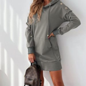 Eyelet Pocket Design Drawstring Hooded Sweatshirt Dress, Casual Dresses, chicme - Women's Fashion Online