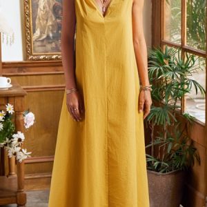 Women Plain V Neck Sleeveless Comfy Casual Maxi Dress, Dresses, color:Yellow|size:XXL, Noracora