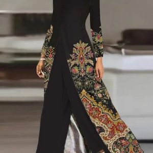 Women Ethnic V Neck Long Sleeve Comfy Casual Top With Pants Two-Piece Set, Sets, color:Black|size:XXL, Noracora