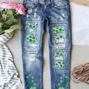 St. Patrick's Day Lucky Shamrock Print Patchwork Ripped Jeans, Jeans, chicme - Women's Fashion Online