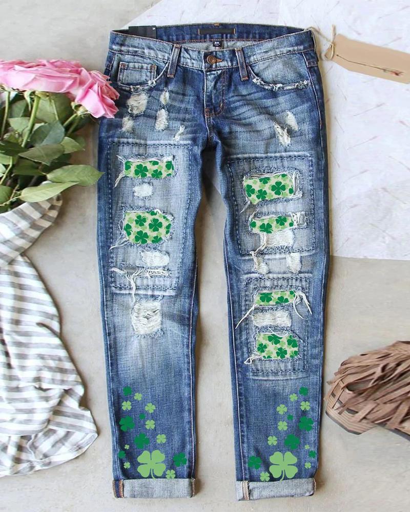 St. Patrick's Day Lucky Shamrock Print Patchwork Ripped Jeans, Jeans, chicme - Women's Fashion Online