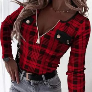 Party Buttoned Jersey Plaid T-Shirt, T-shirts, color:Red|size:XXL, Noracora