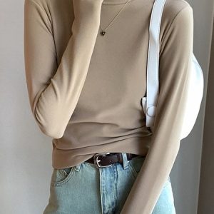 Casual Plain Long Sleeve T-shirt, T-shirts, color:Khaki|size:3XL, Noracora